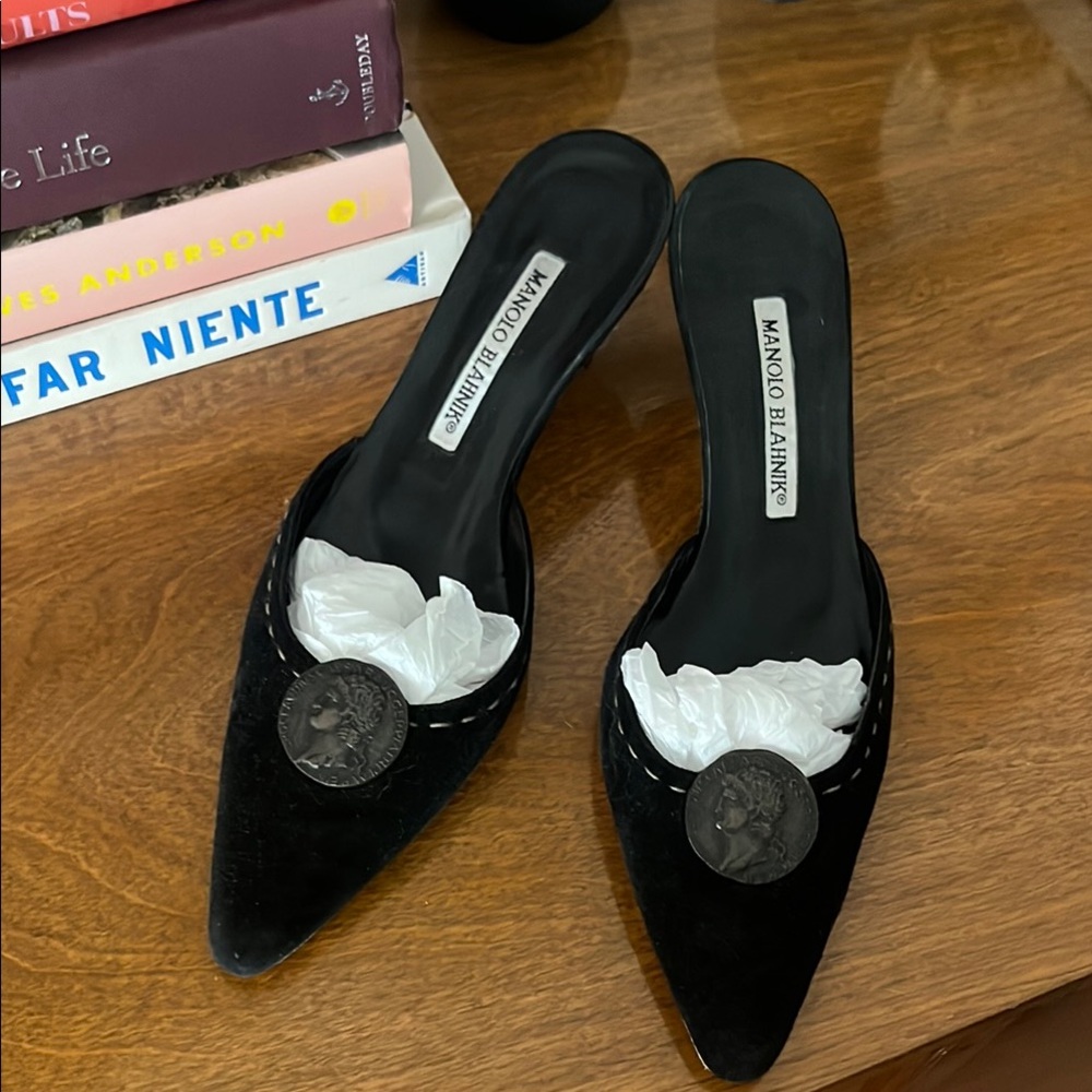 Manolo Blahnik Black Mules with Decorative Embellishment